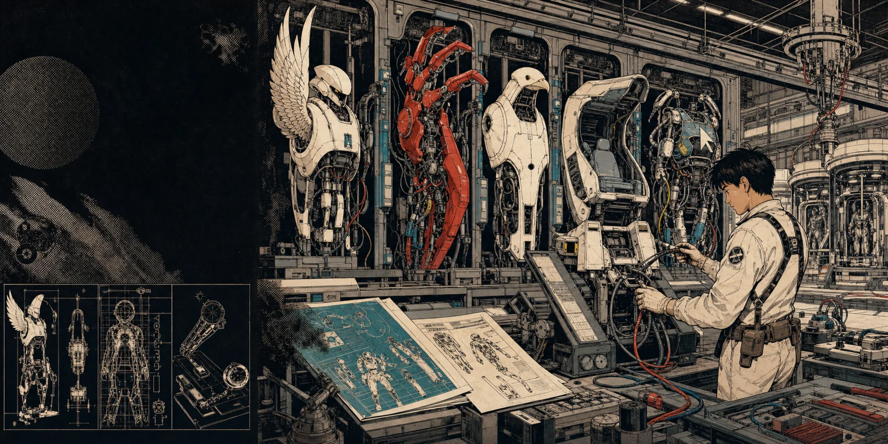 Taller retrofuturista con varios módulos de entornos agénticos y un técnico conectándolos