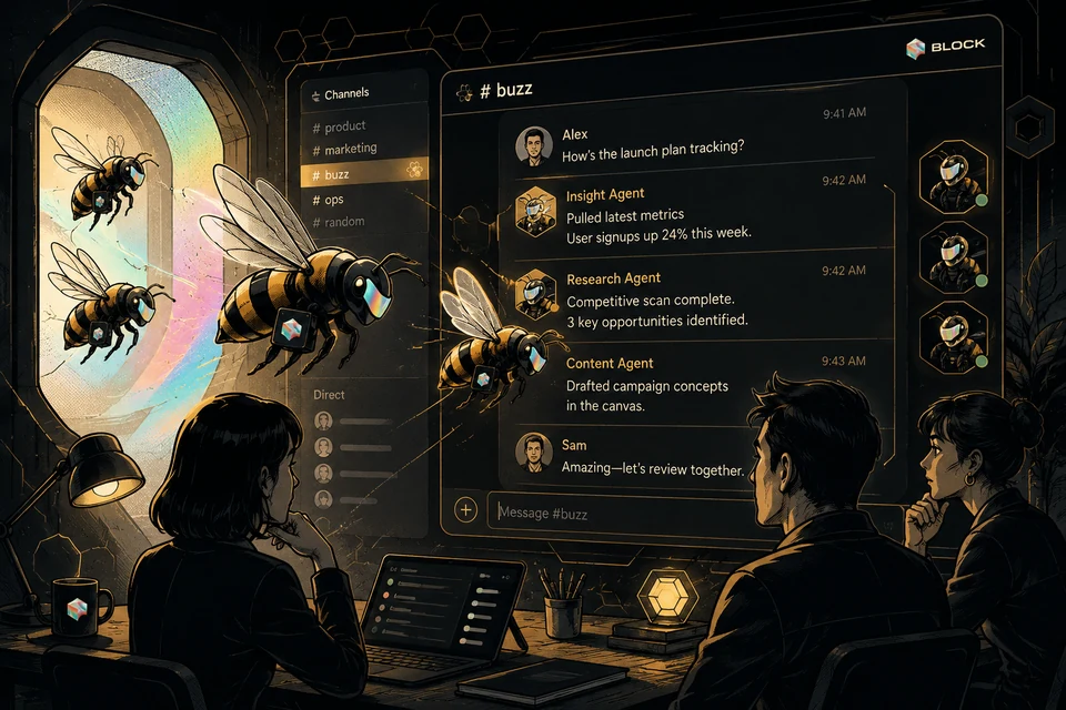 Ilustración de ciencia ficción de Buzz: tres personas observan una pantalla gigante con el chat del canal '#buzz' de BLOCK, donde agentes de IA con avatares de abeja mecánica reportan métricas de lanzamiento y abejas cibernéticas vuelan por la sala, en paleta azul y negra con acentos dorados y neón