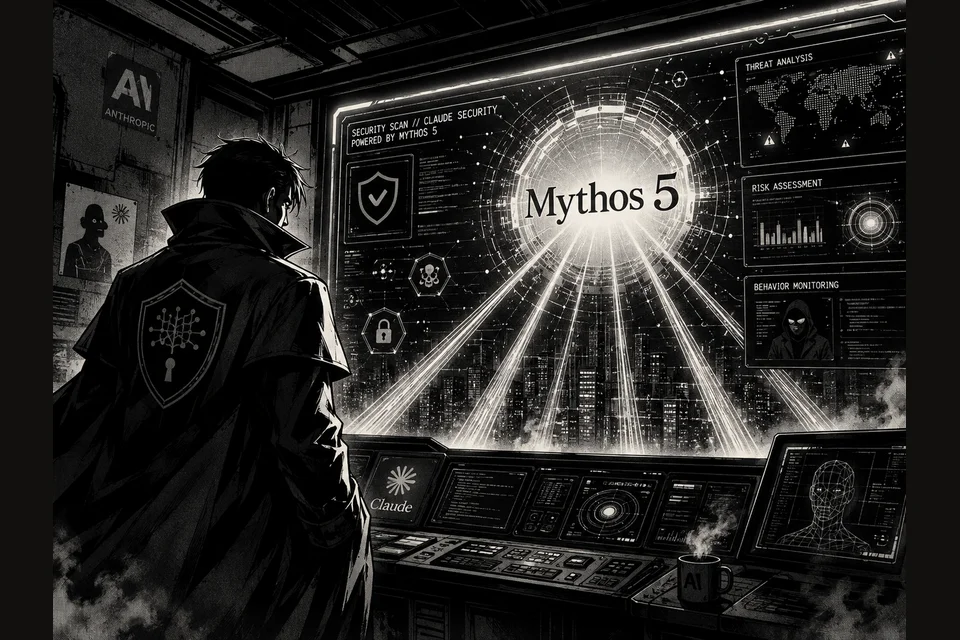 Ilustración en blanco y negro estilo manga noir: un operador con gabardina observa de espaldas una consola de seguridad frente a una pantalla gigante que muestra el portal Mythos 5, con los rótulos Security Scan Claude Security y Powered by Mythos 5 y paneles de análisis de amenazas, riesgo y comportamiento.
