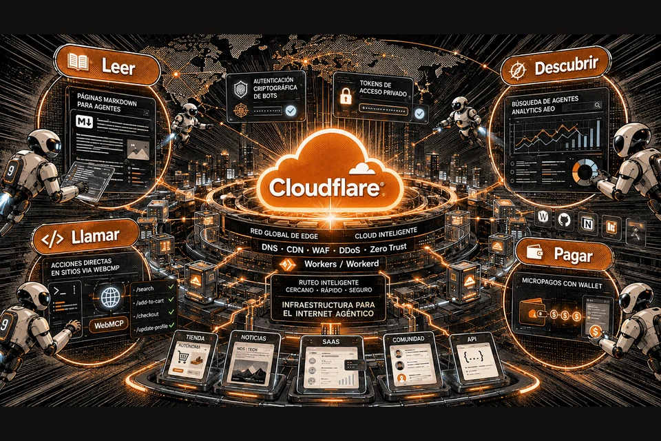 Ilustración del anuncio oficial de Cloudflare sobre el Agentic Internet: agentes que leen, descubren, llaman y pagan sobre una web abierta construida con estándares