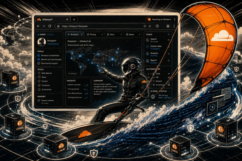 Ilustración cyberpunk de un kitesurfista con casco y visor naranja sobre una ola de código binario, apuntando a una ventana del navegador Kitesurf con interfaz de agente autónomo y mapa mundial de nodos, con una cometa naranja del logo de Cloudflare y servidores Workers alrededor