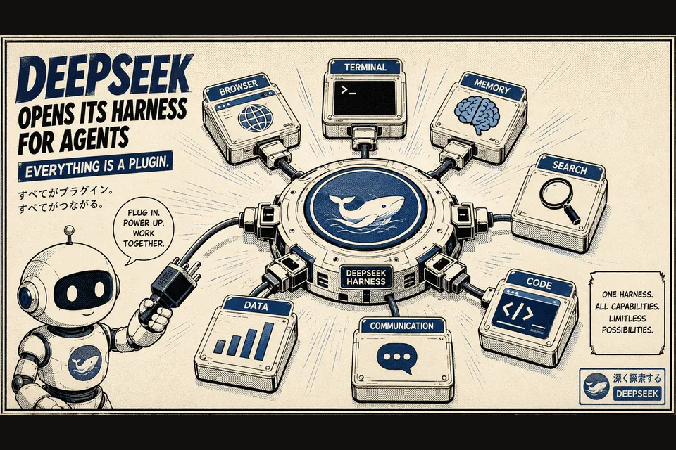 Portada del DeepSeek Harness v0.1: póster estilo retro manga negro y cian con el título 'DeepSeek Harness' y la mención 'Everything is a Plugin' en la parte inferior; diagrama modular mostrando adaptadores, tools, sessions, filesystem, sandbox, approval y UI como piezas intercambiables alrededor de un núcleo central