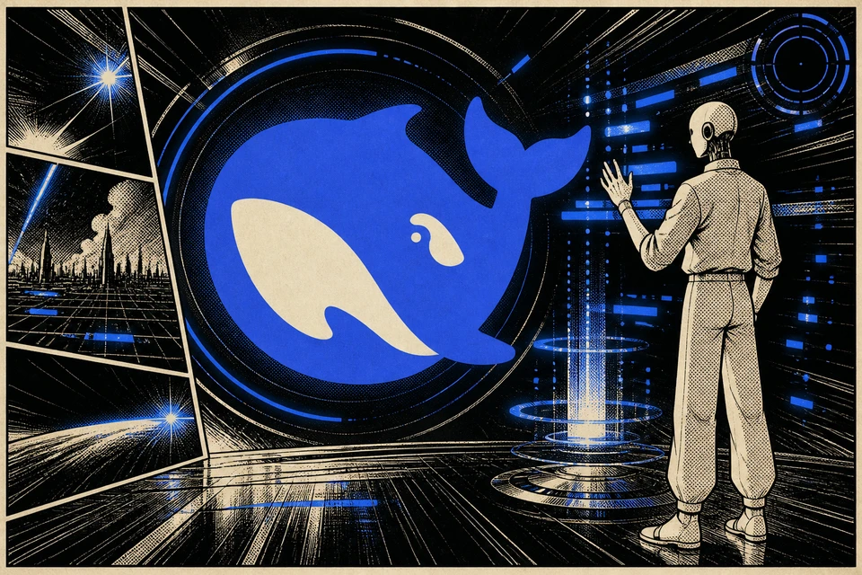 Holograma de la ballena de DeepSeek en azul eléctrico rodeada de anillos concéntricos, con un androide al lado y paneles de cómic retro manga al fondo