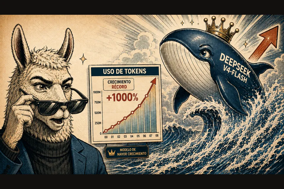 Ilustración editorial vintage: llama con gafas de sol y blazer a la izquierda, gráfico de uso de tokens con crecimiento récord de +1000% al centro, y ballena con corona y el texto DEEPSEEK V4-FLASH a la derecha, en paleta sepia, navy, rojo y dorado