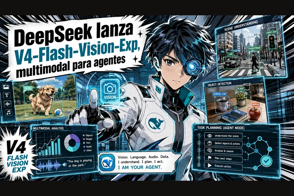 Póster manga cyberpunk con personaje de pelo oscuro e implante ocular cian que toca una interfaz holográfica VISION, logo ballena de DeepSeek en el pecho, paneles de detección de objetos y badge V4 FLASH VISION EXP