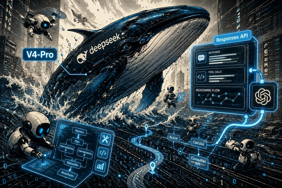 Ilustración cyberpunk monocromática azul: una ballena gigante de DeepSeek etiquetada V4-Pro emerge de olas de datos digitales, rodeada de robots agentes, con un panel holográfico Responses API y un flujo de trabajo en español