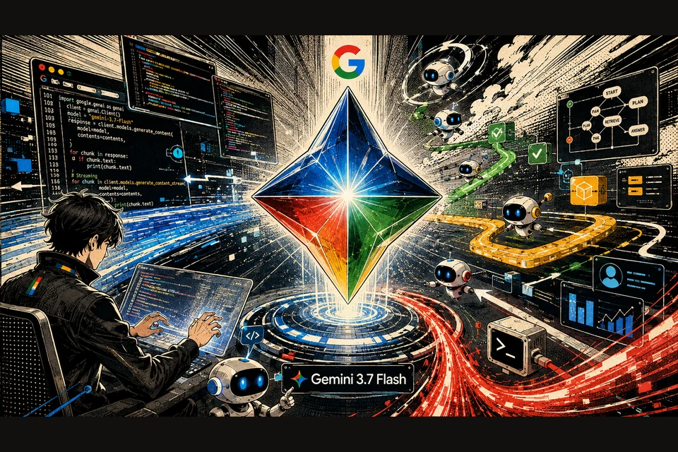Ilustración estilo cómic retro-futurista: la gema de Gemini 3.7 Flash brilla en un portal, un desarrollador codifica en Python con google.generativeai y robots agentes recorren un flujo START/PLAN/RETRIEVE/ANSWER en paleta negra y cyan con los colores de Google