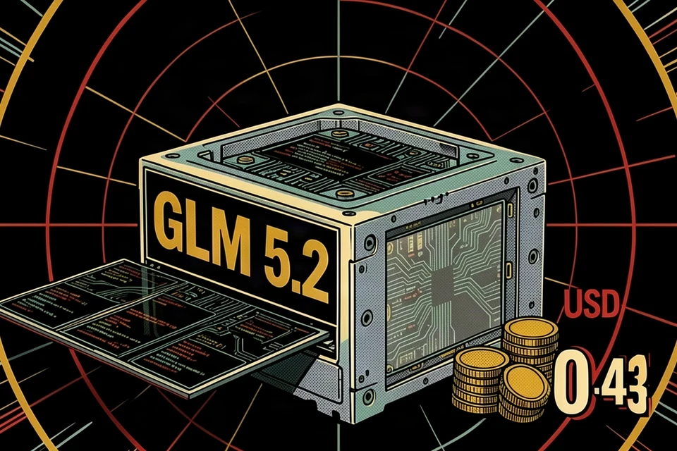 Núcleo abierto GLM 5.2 con circuitos expuestos y precio destacado de USD 0.43 junto a una pequeña pila de monedas