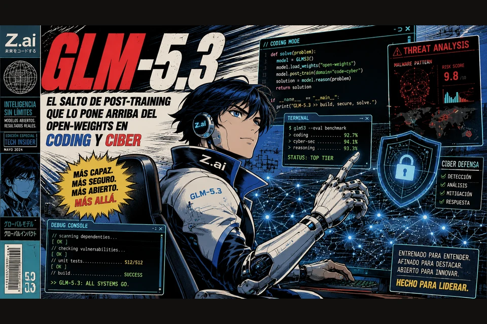 Portada estilo revista tech manga cyberpunk retro anos 90 en fondo negro: titulo GLM-5.3 en rojo con EL SALTO DE POST-TRAINING QUE LO PONE ARRIBA DEL OPEN-WEIGHTS EN CODING Y CIBER, protagonista masculino de manga con chaqueta Z.ai, brazo robotico y consolas de debug y threat analysis en cian, rojo y amarillo