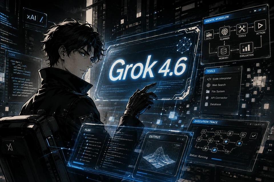 Joven con chaqueta táctica oscura señala una interfaz holográfica azul con el texto Grok 4.6, paneles de workflow agéntico, plan, herramientas y traza de ejecución sobre una ciudad lluviosa de noche