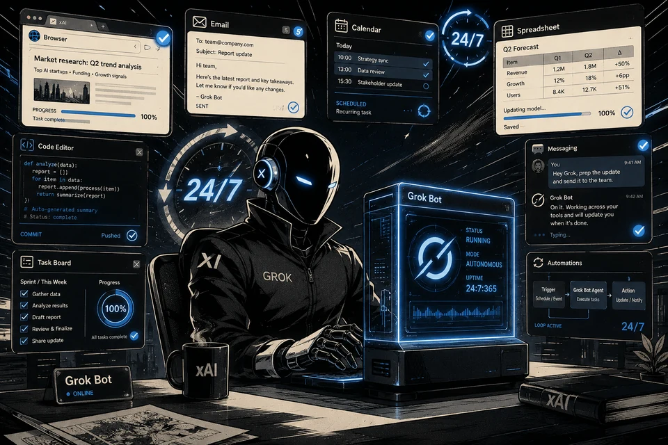 Ilustración cyberpunk de Grok Bot: un robot con sudadera negra con las letras GROK y XI teclea frente a un monitor que muestra 'STATUS RUNNING', 'MODE AUTONOMOUS' y 'UPTIME 24-7-365', rodeado de paneles flotantes con tareas completadas (browser, email, calendario, spreadsheet, código, kanban) y un reloj 24/7, todo en paleta negra y azul con neón cian