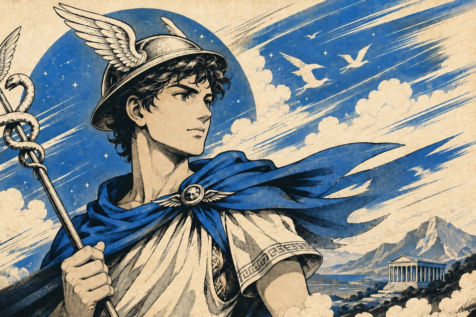 Ilustración retro manga del dios Hermes con casco alado y caduceo sobre fondo negro con anillos de radar azules y el logo de Nous en una esquina