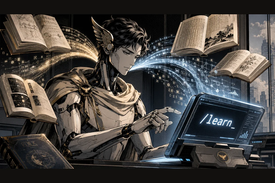 Ilustración retro manga de un cyborg con alas doradas de Hermes, rodeado de libros abiertos y flujos de datos, interactuando con una pantalla holográfica que muestra el comando /learn
