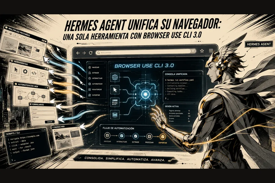 Ilustración retrofuturista en tinta negra, crema, cian y dorado: un personaje alado de Hermes frente a una consola Browser Use CLI 3.0, con paneles de pestañas, herramientas y flujo de automatización