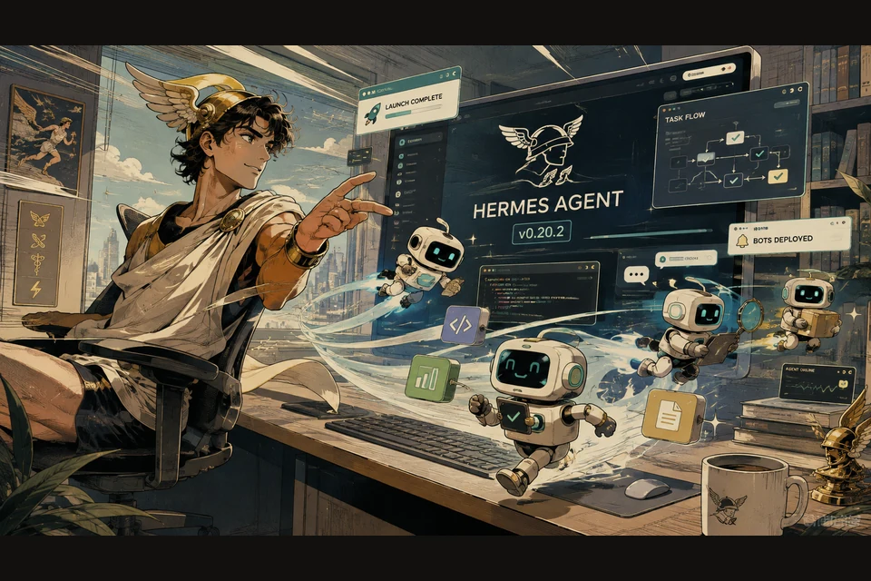 Ilustración de Hermes con casco dorado alado sentado en un escritorio señalando un monitor que muestra HERMES AGENT v0.20.2 y BOTS DEPLOYED, con robots blancos saliendo de la pantalla