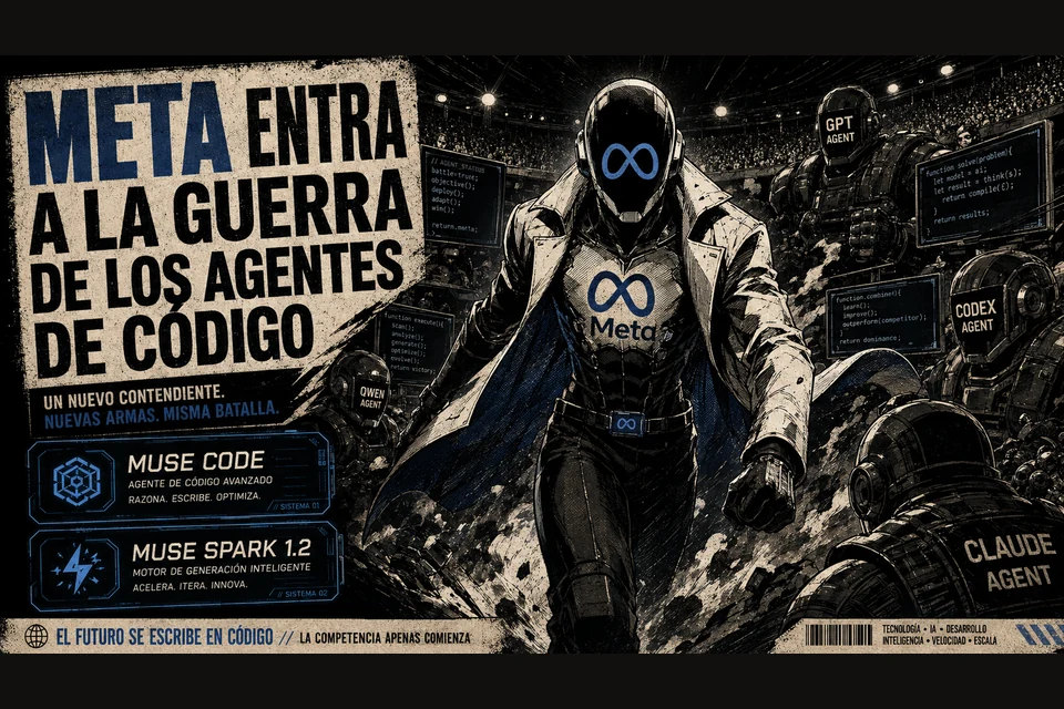 Póster retro manga con un agente robótico escribiendo código en una terminal, sobre fondo negro tinta con destellos rojo editorial y cian, el nombre 'Muse Code' y 'Muse Spark 1.2' en tipografía marcada, evocando la entrada de Meta a la guerra de los agentes de programación