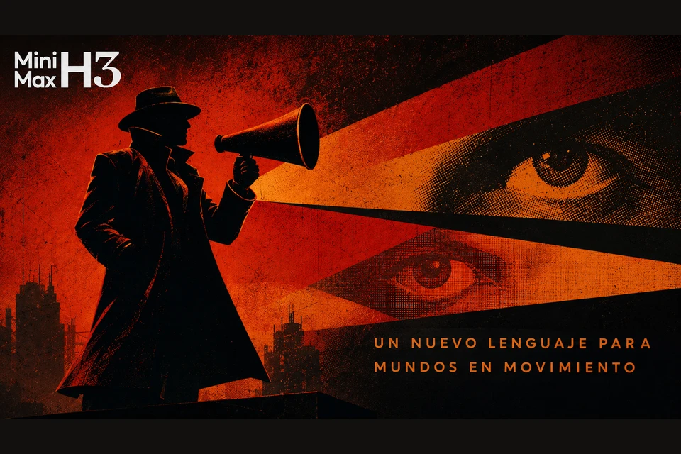Silueta de un hombre con abrigo y sombrero sosteniendo un megáfono, junto a un ojo gigante estilizado, en composición noir roja y naranja
