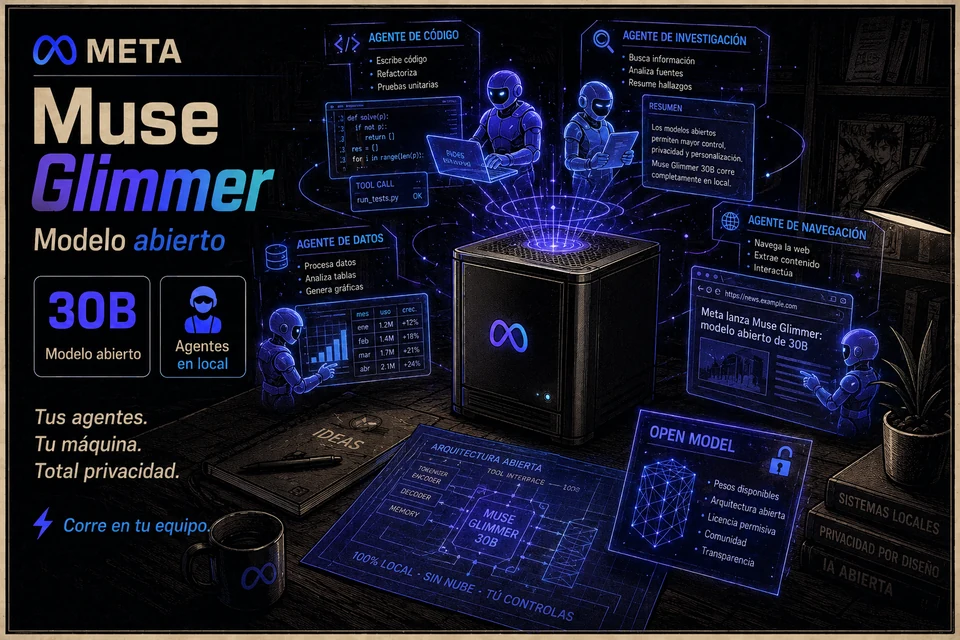 Infografía de Muse Glimmer con estética dark academia y cyberpunk: un servidor con el logo de Meta en azul proyecta hologramas de cuatro agentes robot que escriben código, procesan datos, investigan y navegan la web, con el título 'Muse Glimmer 30B', 'Modelo abierto' y la leyenda 'Tus agentes. Tu máquina. Total privacidad.'