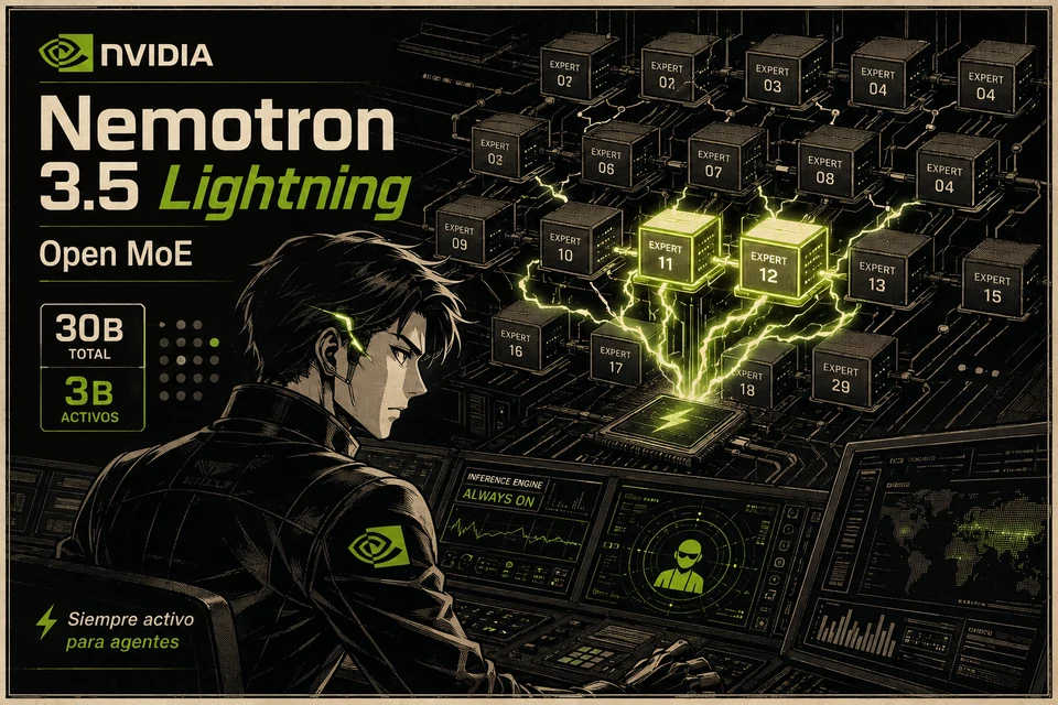 Póster retro-futurista del modelo Nemotron 3.5 Lightning: un operador con ojo cibernético verde frente a una consola de monitoreo, una red de cubos EXPERT conectados por rayos verdes, el logotipo de NVIDIA, y los textos '30B TOTAL', '3B ACTIVOS' y 'Siempre activo para agentes' sobre fondo negro tinta con acentos verde neón