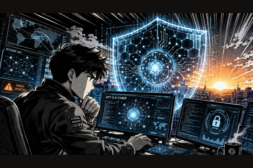 Ilustración sobre fondo negro con un sujeto central prominente en tonos claros y texto blanco a la derecha, coherente con el modelo GPT-5.6-Cyber; estética oscura tipo ciber. Detalle del texto a confirmar por el editor