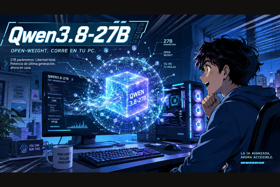 Póster cyberpunk oscuro con el nombre Qwen3.8-27B y textos «27B parámetros. Libertad total», «Potencia de última generación, ahora en casa», «Tu PC, tus reglas» y «Open-weight. Corre en tu PC».