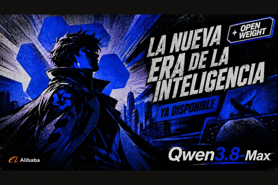 Póster cyberpunk azul con un joven de espaldas y chaqueta de cuello alto frente a una ciudad futurista, con la marca Alibaba y el nombre Qwen3.8-Max bajo el letrero 'LA NUEVA ERA DE LA INTELIGENCIA'