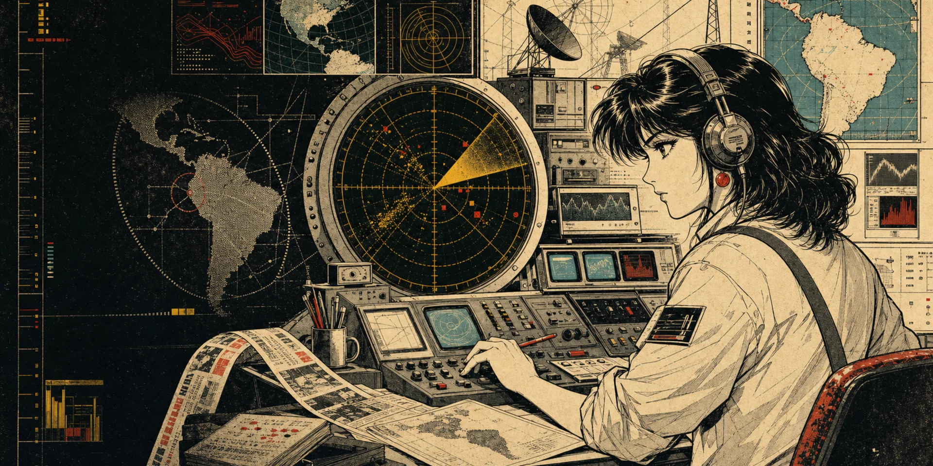 Analista de señales frente a un radar y una estación editorial retrofuturista