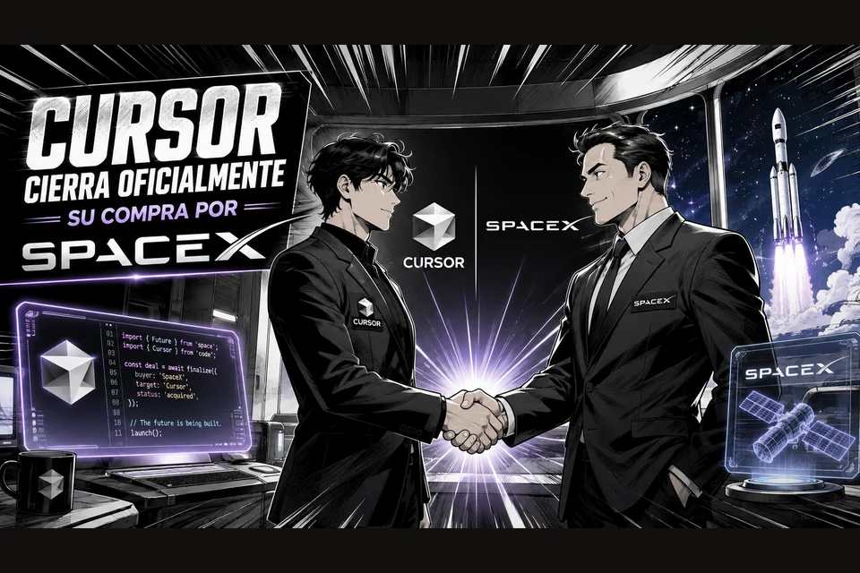 Ilustración manga del cierre de la compra: dos ejecutivos con parches de CURSOR y SPACEX se dan la mano entre logos flotantes, un cohete despega con llamas púrpuras tras la ventana y un monitor muestra el código de la transacción; el titular dice CURSOR CIERRA OFICIALMENTE SU COMPRA POR SPACEX, paleta blanco y negro con acentos púrpura y azul