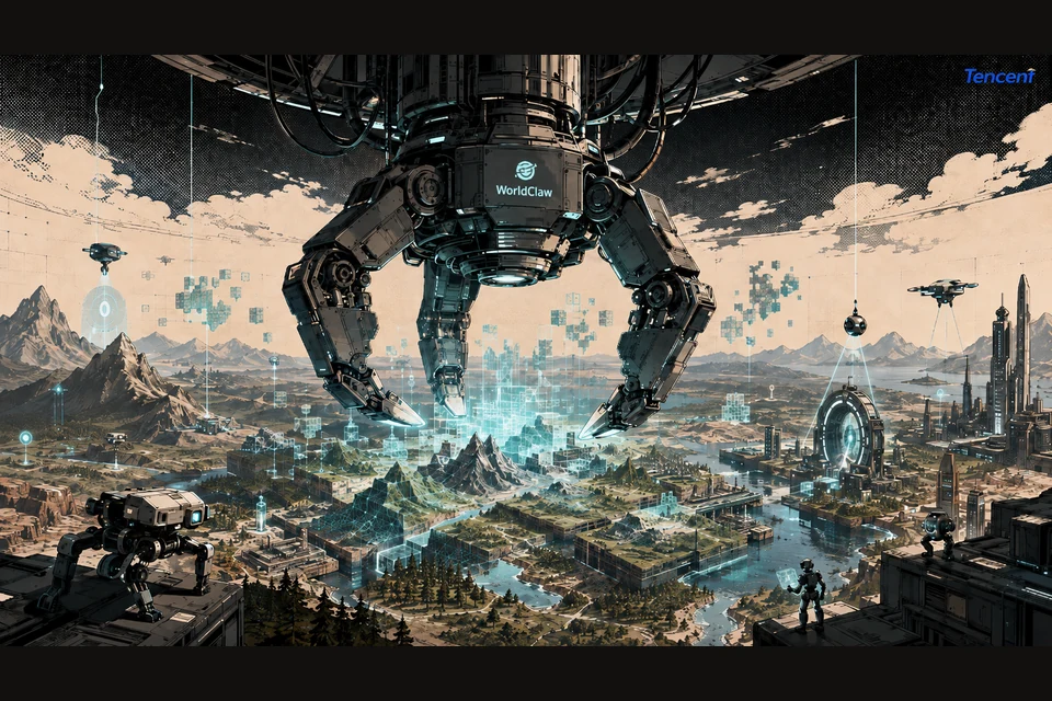 Ilustración digital de ciencia ficción: un robot gigante de cuatro patas con garras y un anillo de luz cian, con el nombre WorldClaw en el torso, flota sobre un valle con ciudad futurista, estructuras holográficas azules, montañas nevadas y un anillo circular brillante; el logo de Tencent aparece en la esquina superior derecha, con drones y robots menores en primer plano, paleta sepia y grises con acentos cian